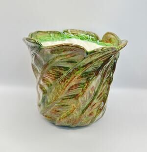Vintage Jalisco Pottery Planter Banana Leaf Design Green Base with Red